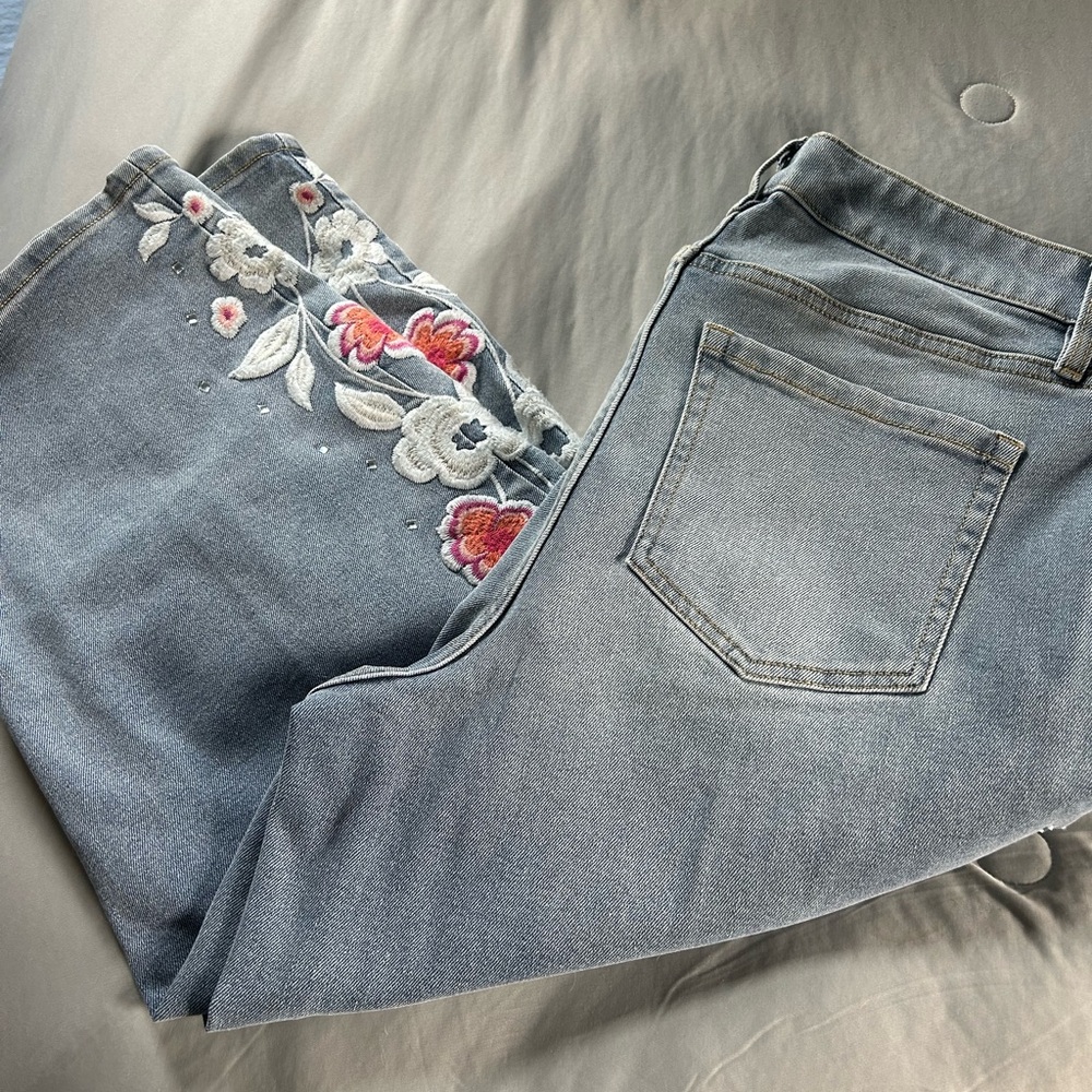 Lane Bryant Light Blue Cropped Jeans with Floral Embroidery